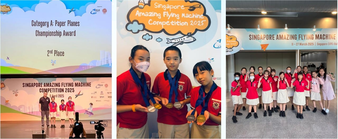 Collage of students with medals at Singapore Amazing Flying Machine Competition, plus 2nd place paper plane award.